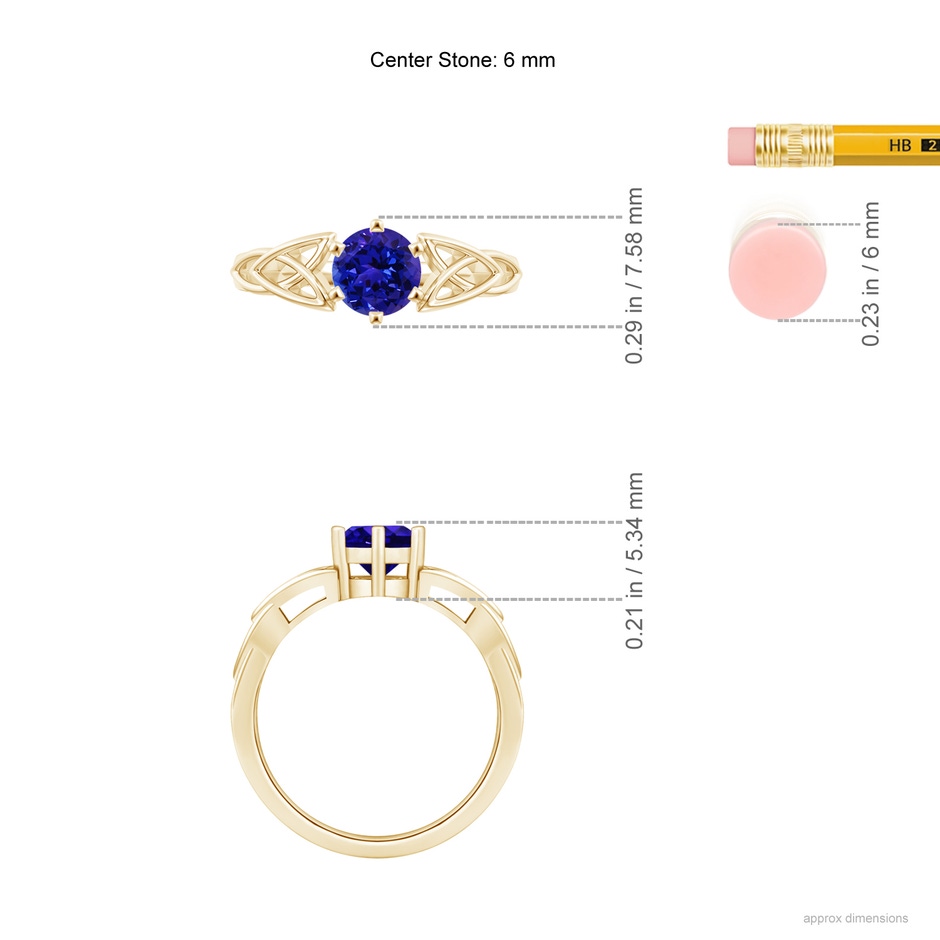 6mm AAAA Solitaire Round Tanzanite Celtic Knot Ring in Yellow Gold ruler