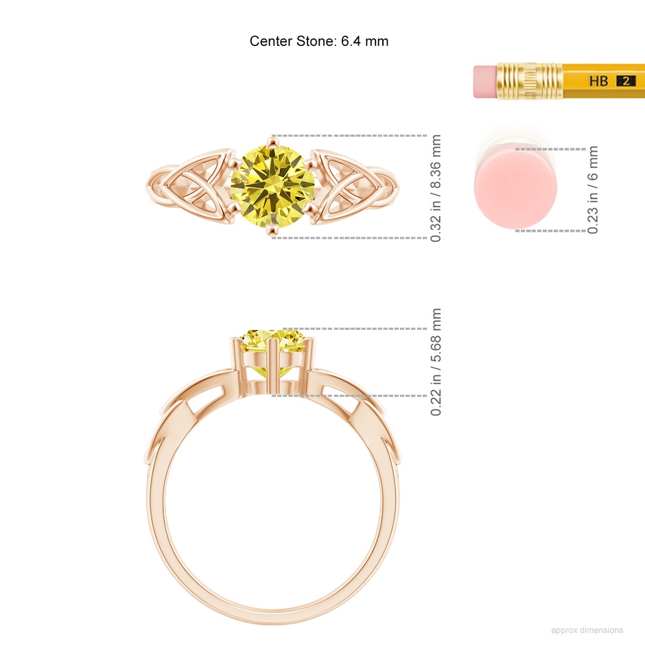 6.4mm AAAA Solitaire Round Fancy Intense Yellow Diamond Celtic Knot Ring in Rose Gold ruler
