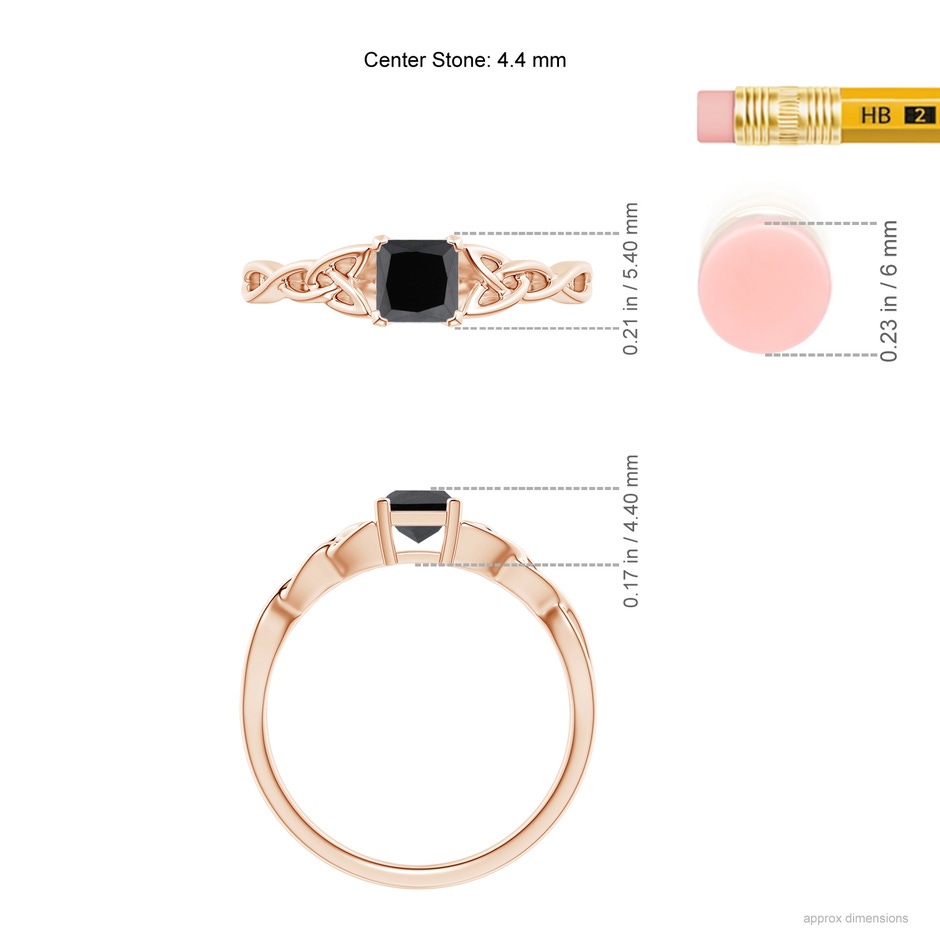 4.4mm AA Solitaire Princess-Cut Black Diamond Celtic Knot Ring in Rose Gold ruler