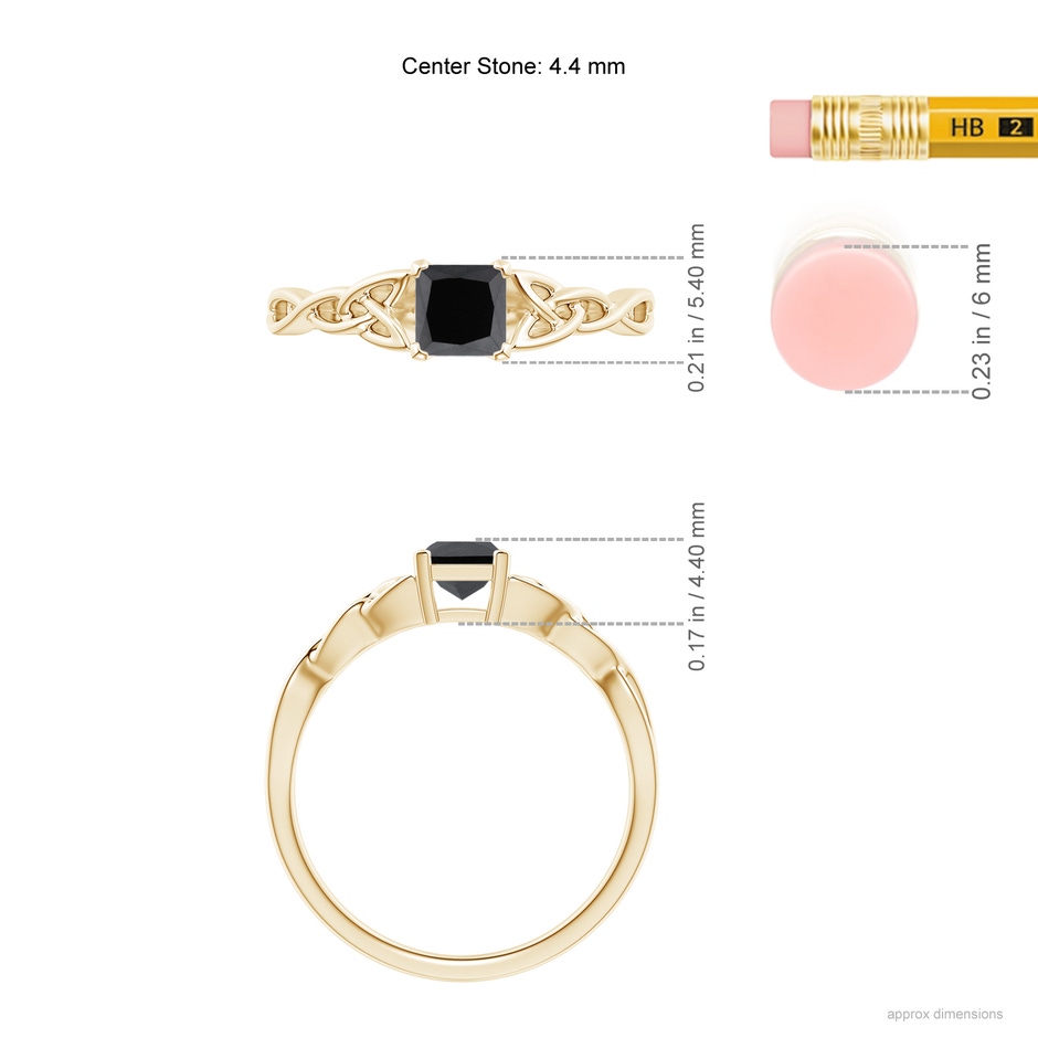 4.4mm AA Solitaire Princess-Cut Black Diamond Celtic Knot Ring in Yellow Gold ruler
