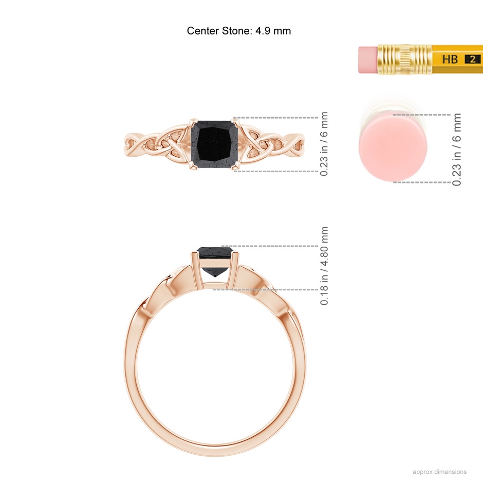4.9mm A Solitaire Princess-Cut Black Diamond Celtic Knot Ring in Rose Gold ruler