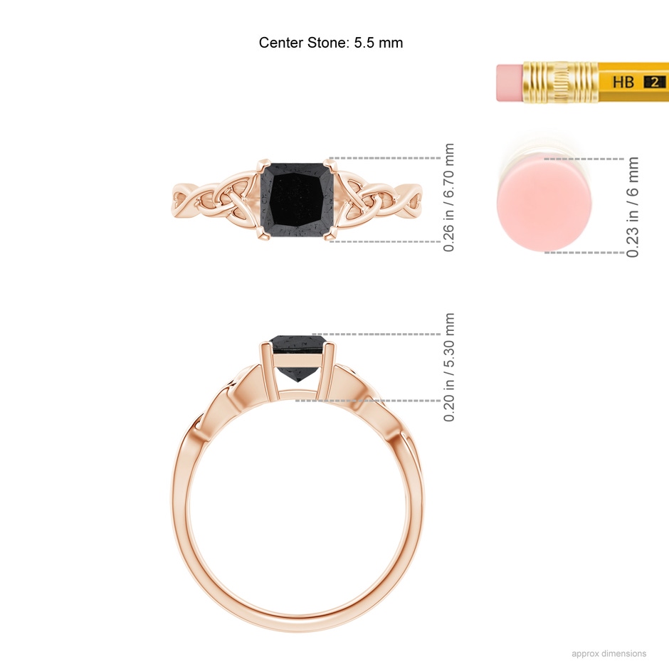 5.5mm A Solitaire Princess-Cut Black Diamond Celtic Knot Ring in Rose Gold ruler