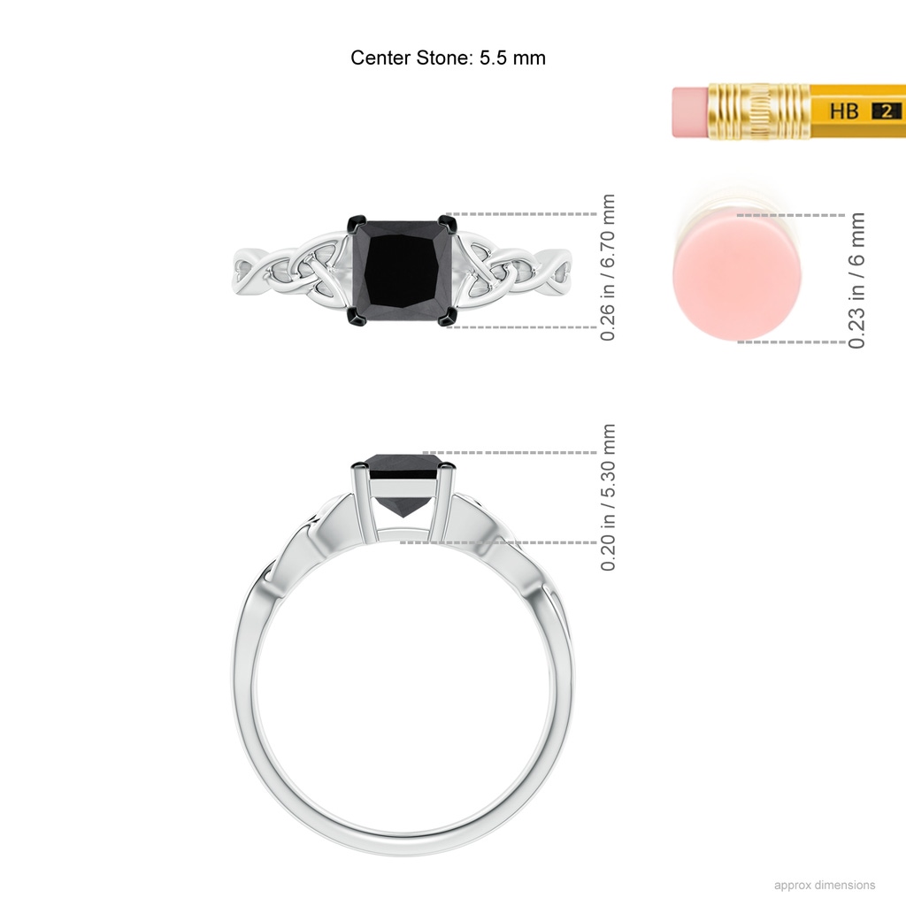 5.5mm AA Solitaire Princess-Cut Black Diamond Celtic Knot Ring in P950 Platinum Ruler