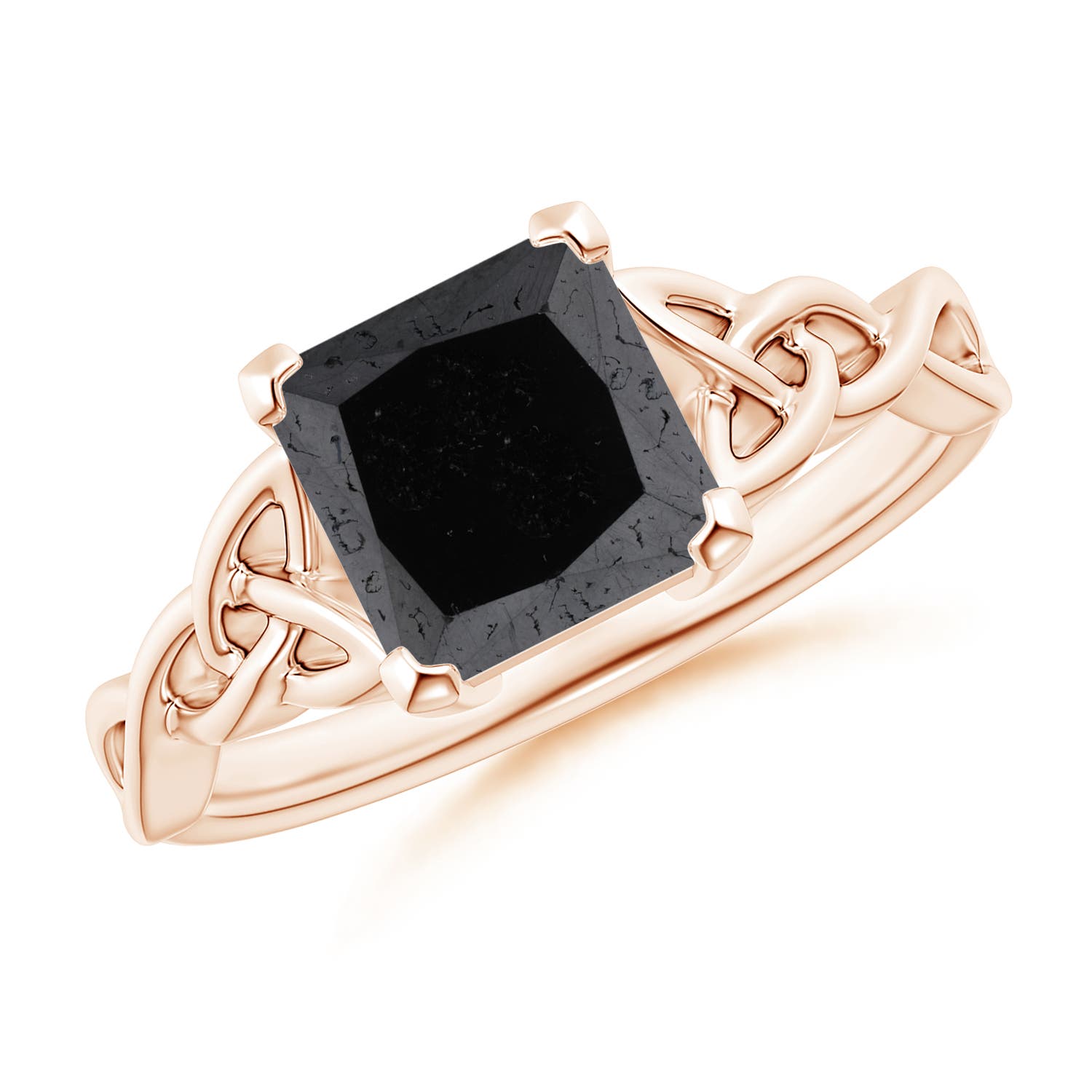 7mm A Solitaire Princess-Cut Black Diamond Celtic Knot Ring in Rose Gold