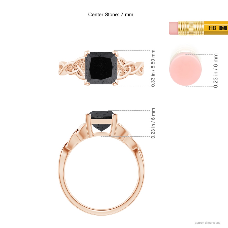7mm A Solitaire Princess-Cut Black Diamond Celtic Knot Ring in Rose Gold ruler