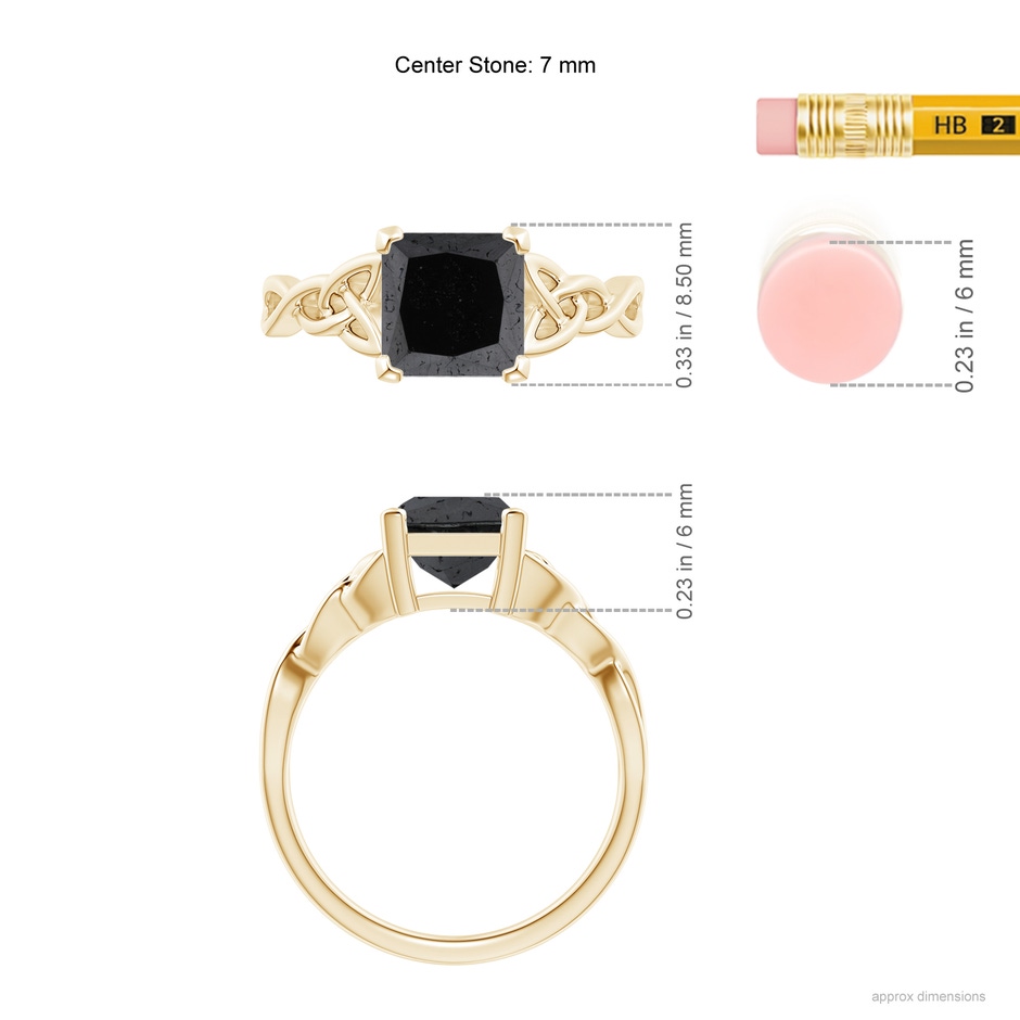 7mm A Solitaire Princess-Cut Black Diamond Celtic Knot Ring in Yellow Gold ruler