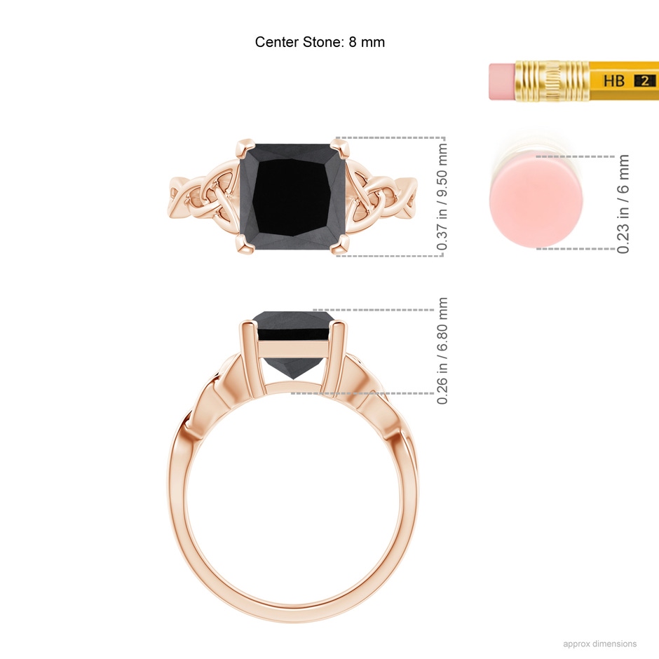 8mm AA Solitaire Princess-Cut Black Diamond Celtic Knot Ring in Rose Gold ruler