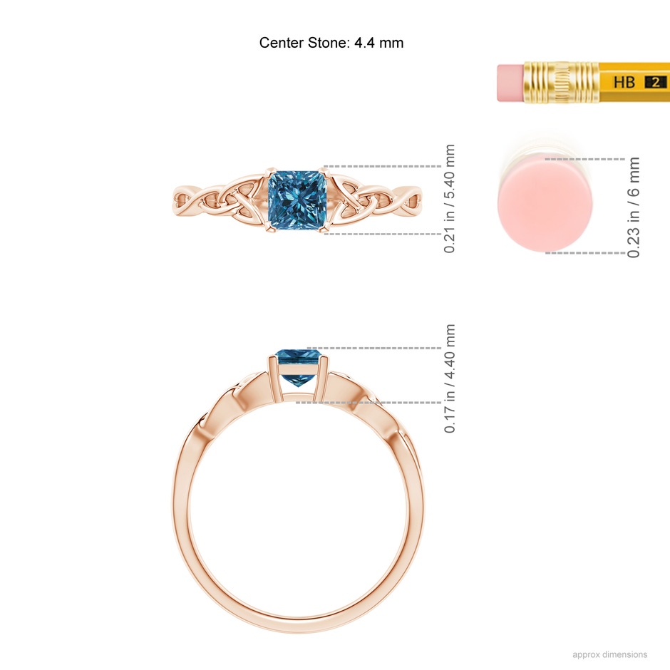 4.4mm AAA Solitaire Princess-Cut Blue Diamond Celtic Knot Ring in Rose Gold ruler