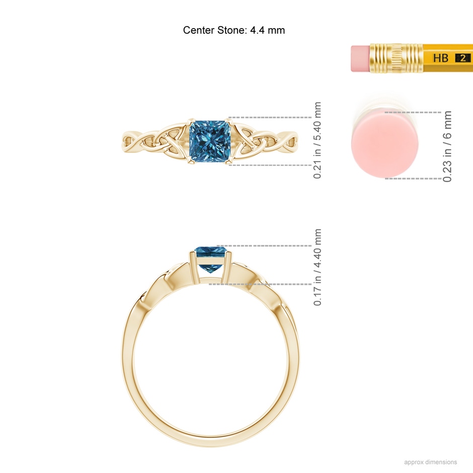 4.4mm AAA Solitaire Princess-Cut Blue Diamond Celtic Knot Ring in Yellow Gold ruler