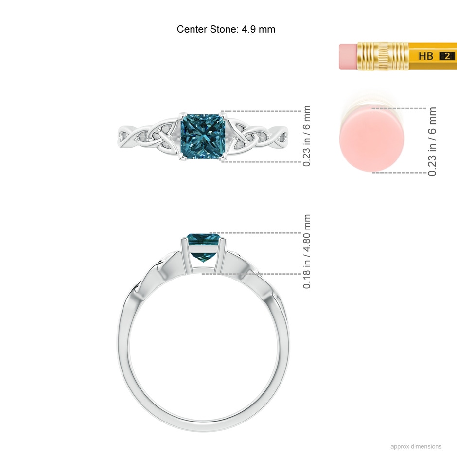 4.9mm AA Solitaire Princess-Cut Blue Diamond Celtic Knot Ring in White Gold ruler