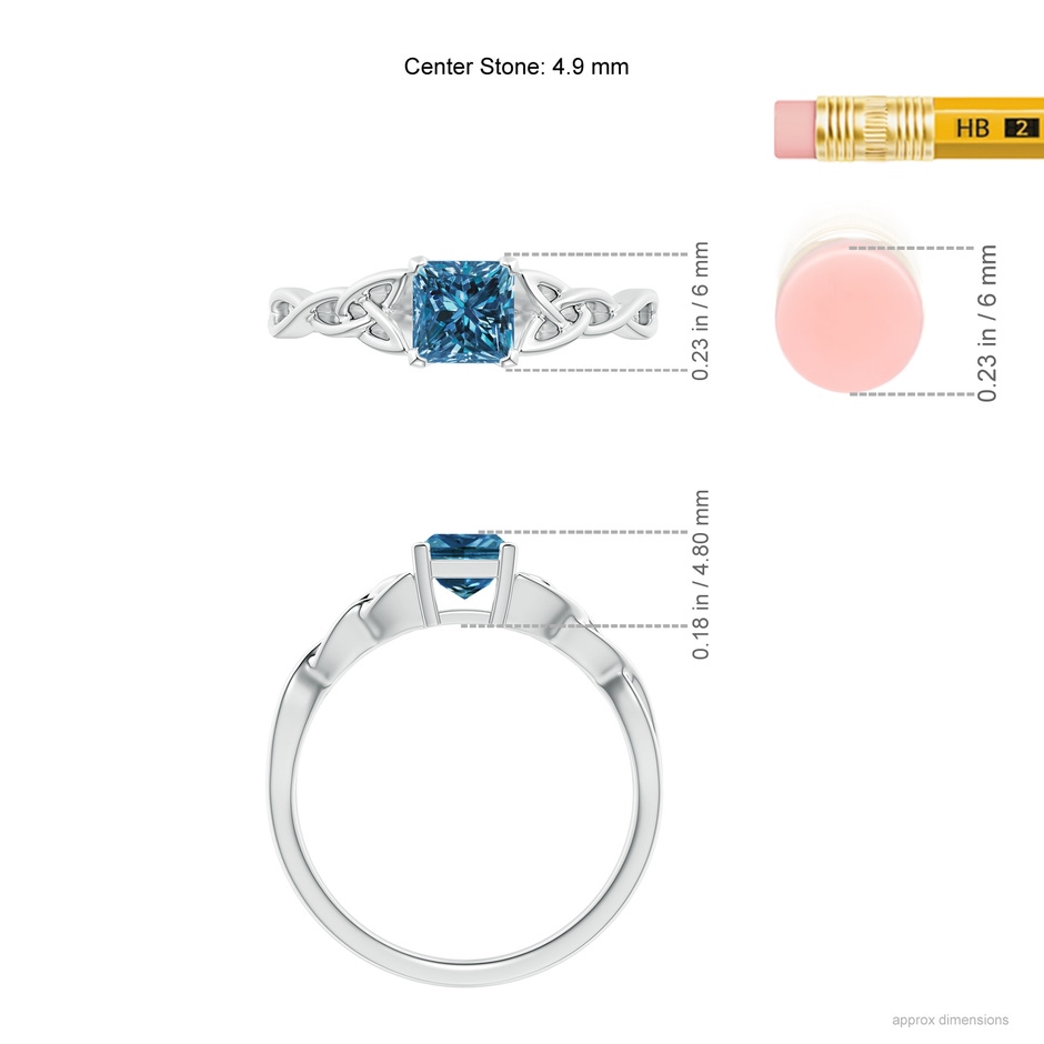 4.9mm AAA Solitaire Princess-Cut Blue Diamond Celtic Knot Ring in P950 Platinum ruler