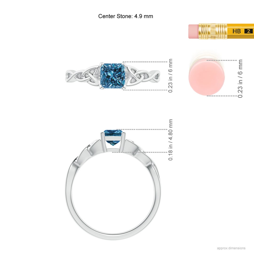 4.9mm AAA Solitaire Princess-Cut Blue Diamond Celtic Knot Ring in White Gold - ruler