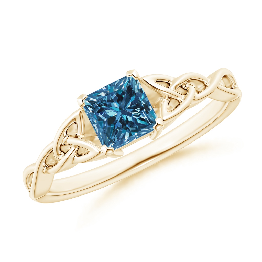4.9mm AAA Solitaire Princess-Cut Blue Diamond Celtic Knot Ring in Yellow Gold