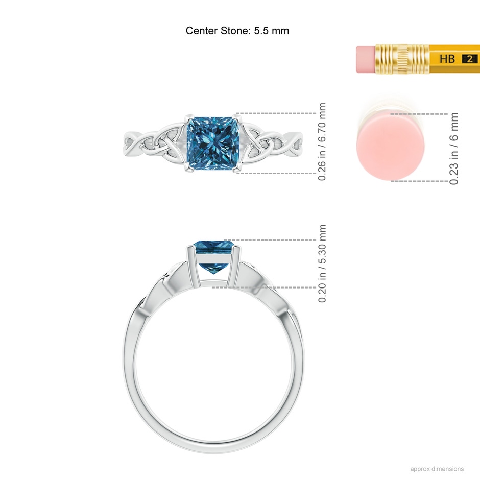 5.5mm AAA Solitaire Princess-Cut Blue Diamond Celtic Knot Ring in P950 Platinum ruler