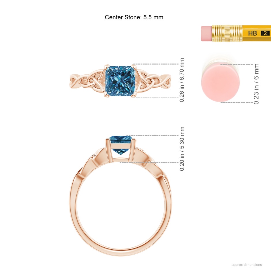 5.5mm AAA Solitaire Princess-Cut Blue Diamond Celtic Knot Ring in Rose Gold ruler
