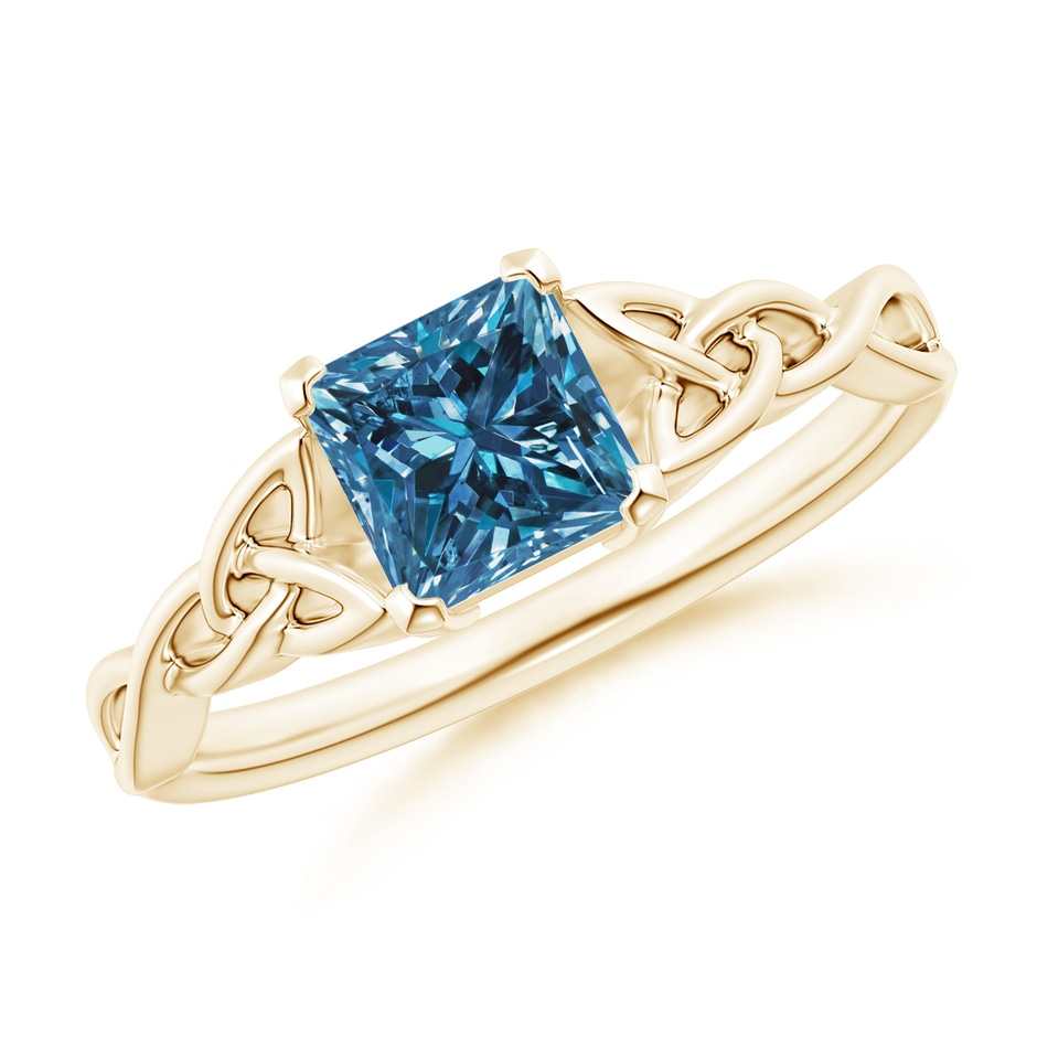 5.5mm AAA Solitaire Princess-Cut Blue Diamond Celtic Knot Ring in Yellow Gold 