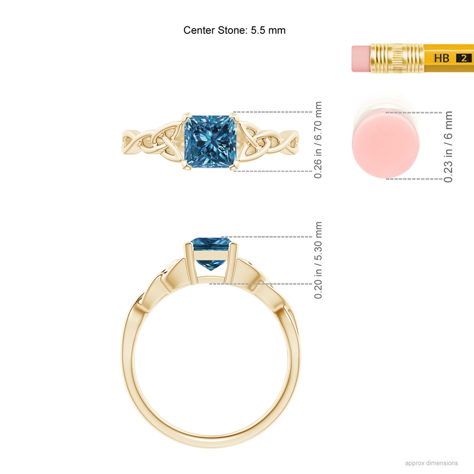 5.5mm AAA Solitaire Princess-Cut Blue Diamond Celtic Knot Ring in Yellow Gold ruler