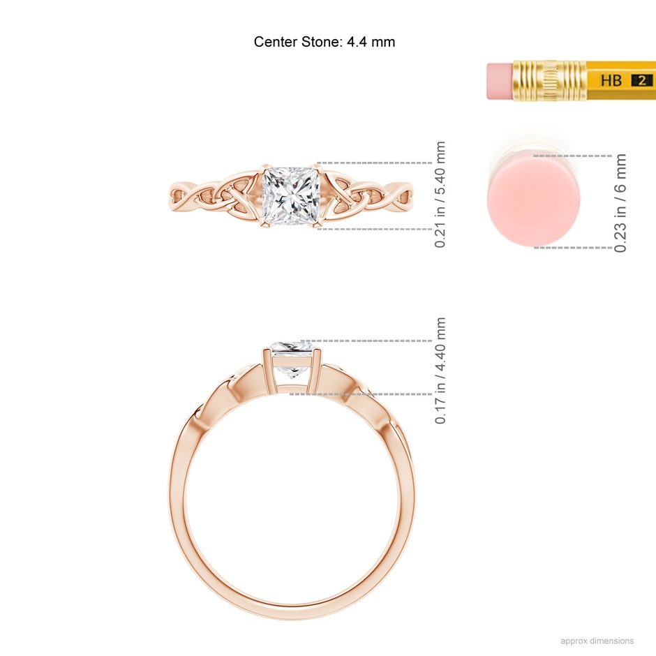 4.4mm HSI2 Solitaire Princess-Cut Diamond Celtic Knot Ring in 9K Rose Gold ruler