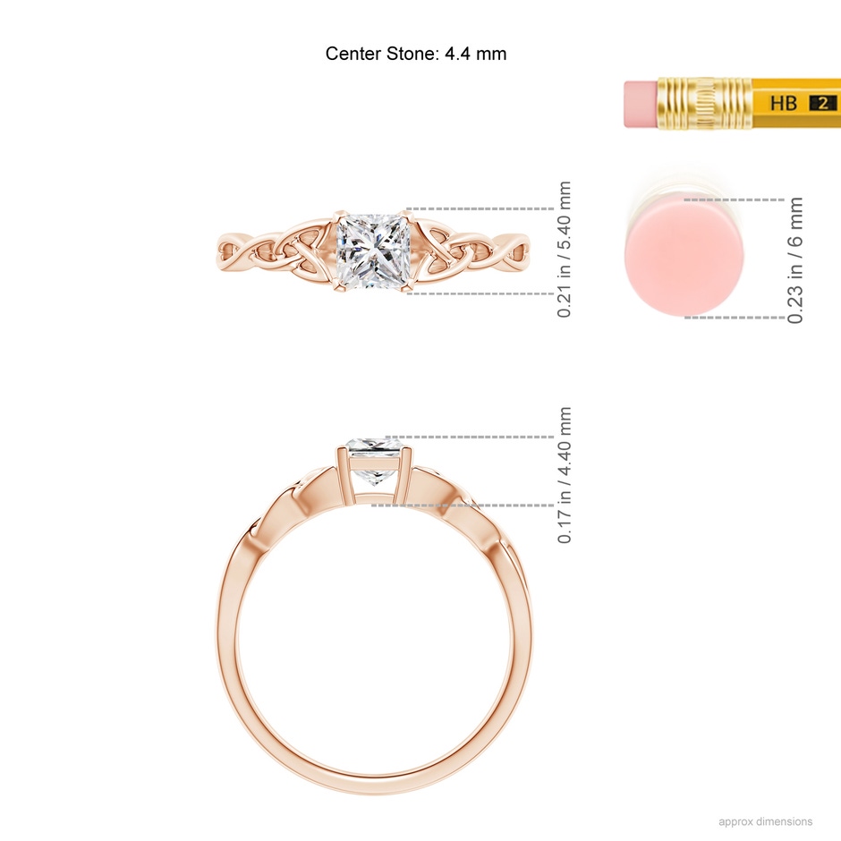4.4mm IJI1I2 Solitaire Princess-Cut Diamond Celtic Knot Ring in Rose Gold ruler