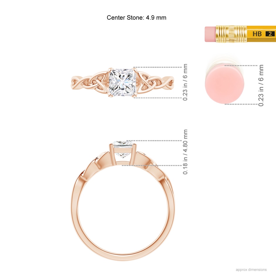 4.9mm GVS2 Solitaire Princess-Cut Diamond Celtic Knot Ring in Rose Gold ruler