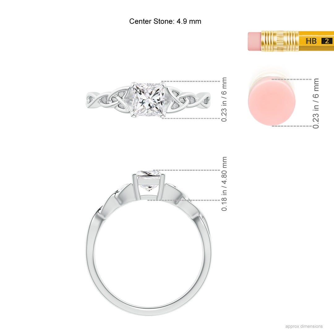 4.9mm HSI2 Solitaire Princess-Cut Diamond Celtic Knot Ring in White Gold - ruler