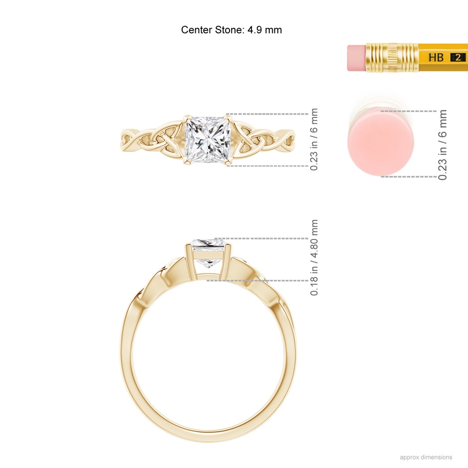 4.9mm HSI2 Solitaire Princess-Cut Diamond Celtic Knot Ring in Yellow Gold ruler