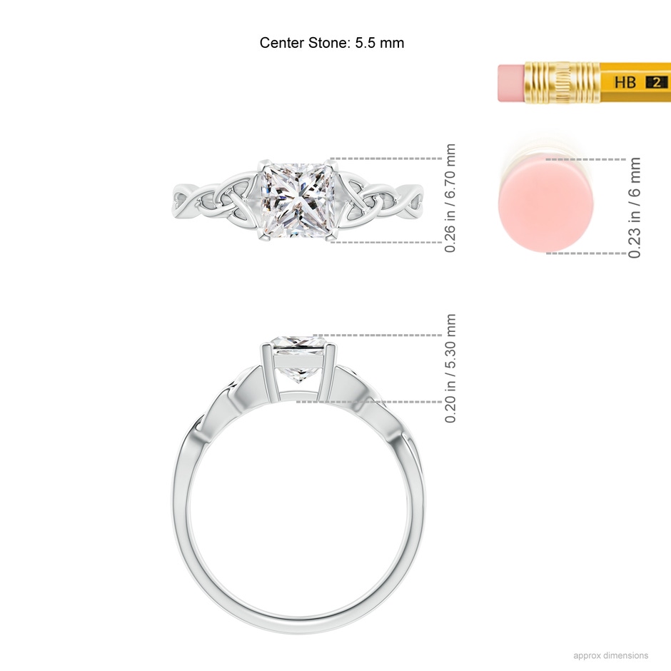 5.5mm IJI1I2 Solitaire Princess-Cut Diamond Celtic Knot Ring in White Gold ruler