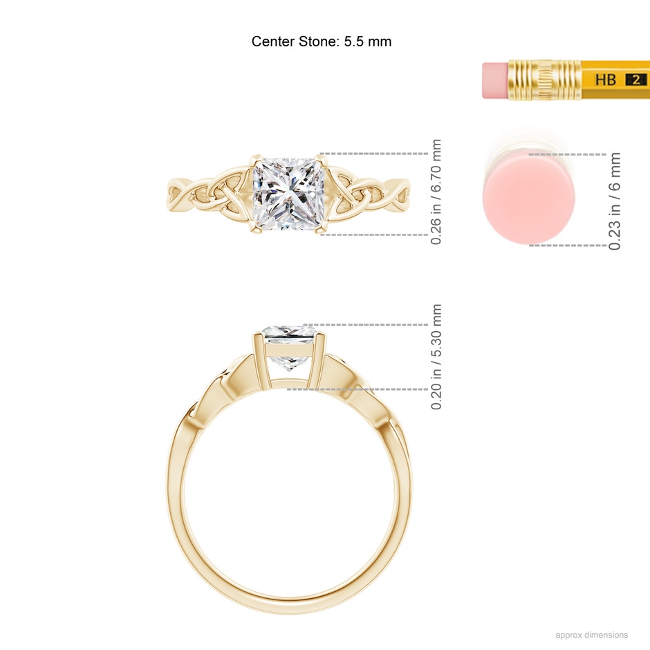 5.5mm IJI1I2 Solitaire Princess-Cut Diamond Celtic Knot Ring in Yellow Gold ruler