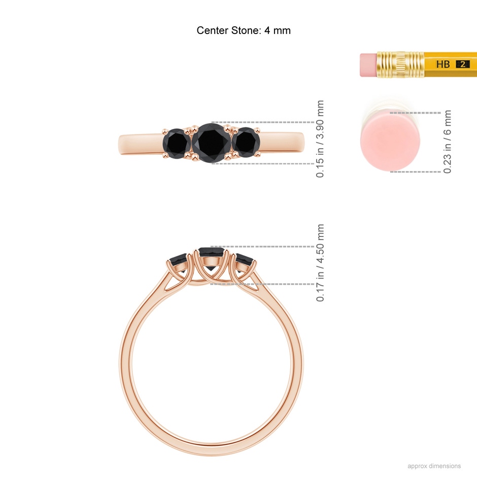 4mm AA Three Stone Round Black Diamond Engagement Ring in Rose Gold ruler