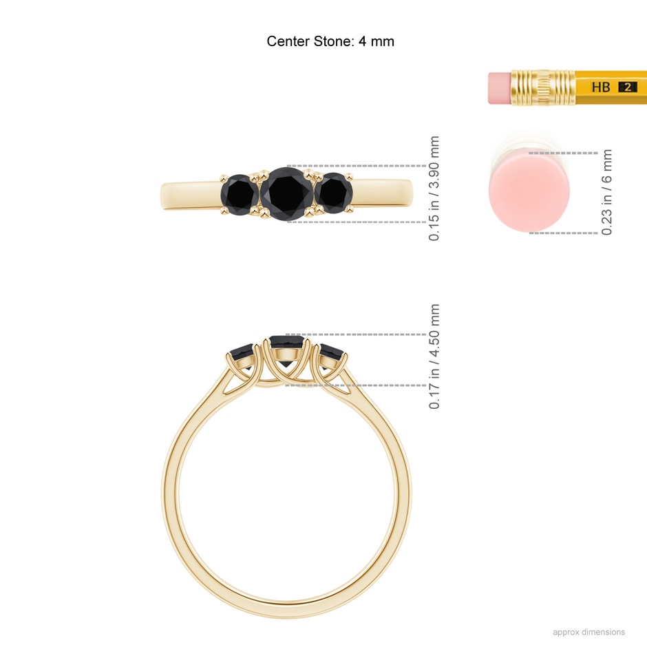 4mm AA Three Stone Round Black Diamond Engagement Ring in Yellow Gold ruler