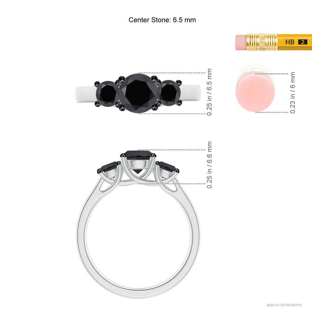 6.5mm AA Three Stone Round Black Diamond Engagement Ring in White Gold Ruler