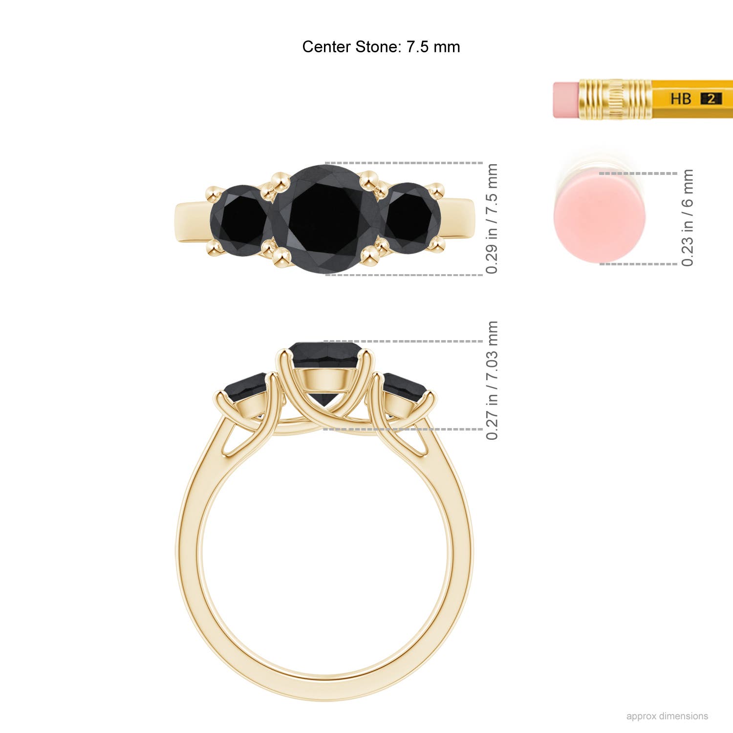 7.5mm AA Three Stone Round Black Diamond Engagement Ring in Yellow Gold - ruler