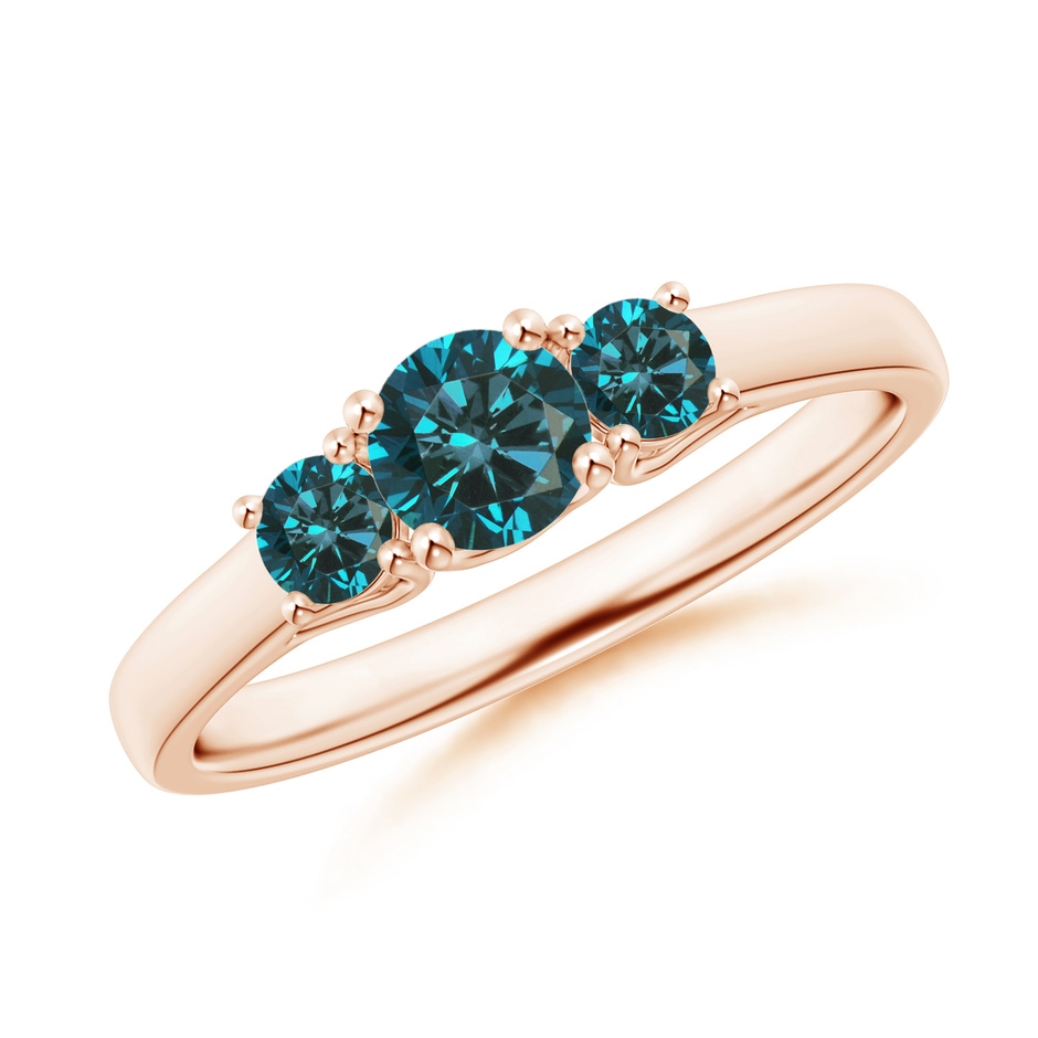 4.6mm AA Three Stone Round Blue Diamond Engagement Ring in Rose Gold 