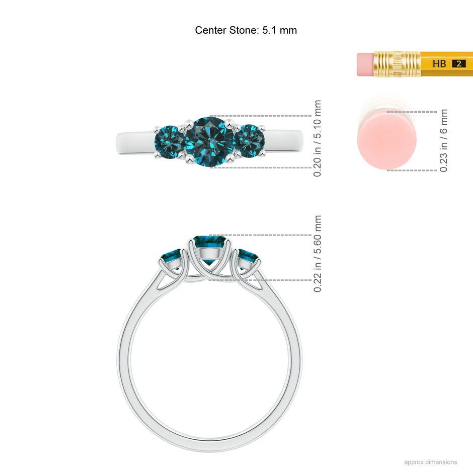 5.1mm AA Three Stone Round Blue Diamond Engagement Ring in White Gold ruler