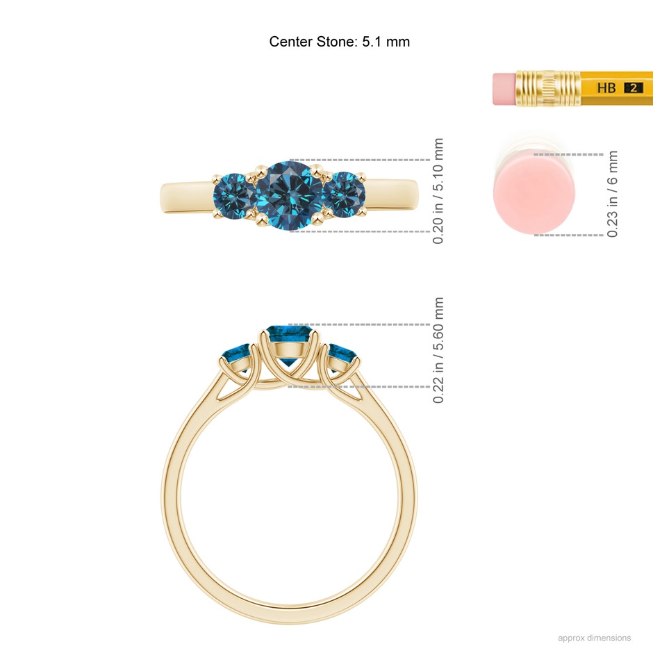 5.1mm AAA Three Stone Round Blue Diamond Engagement Ring in Yellow Gold ruler