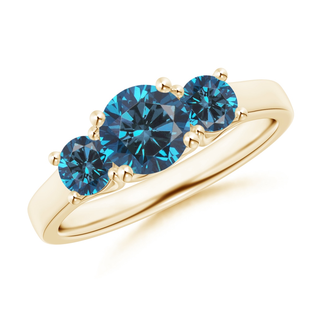 6.5mm AAA Three Stone Round Blue Diamond Engagement Ring in Yellow Gold