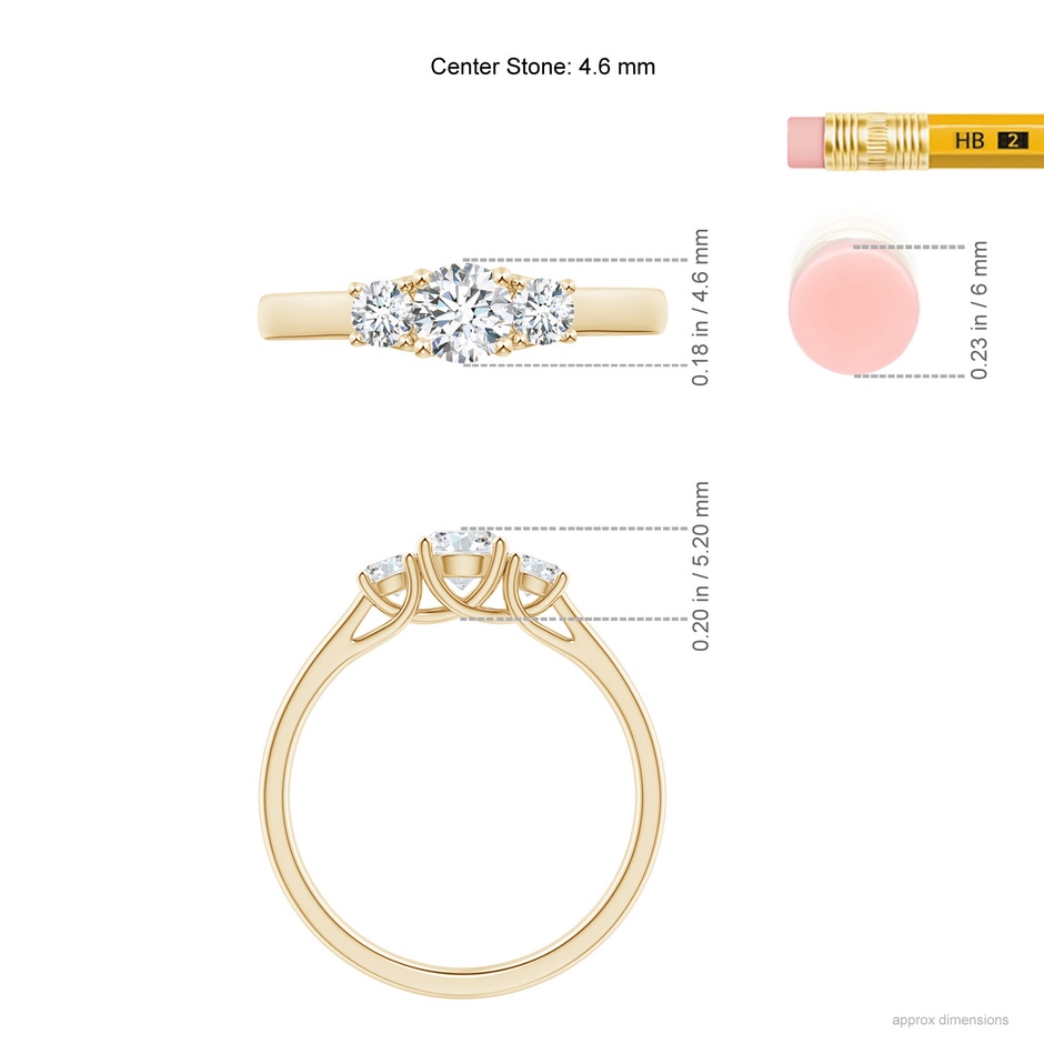 4.6mm GVS2 Three Stone Round Diamond Trellis Engagement Ring in Yellow Gold ruler