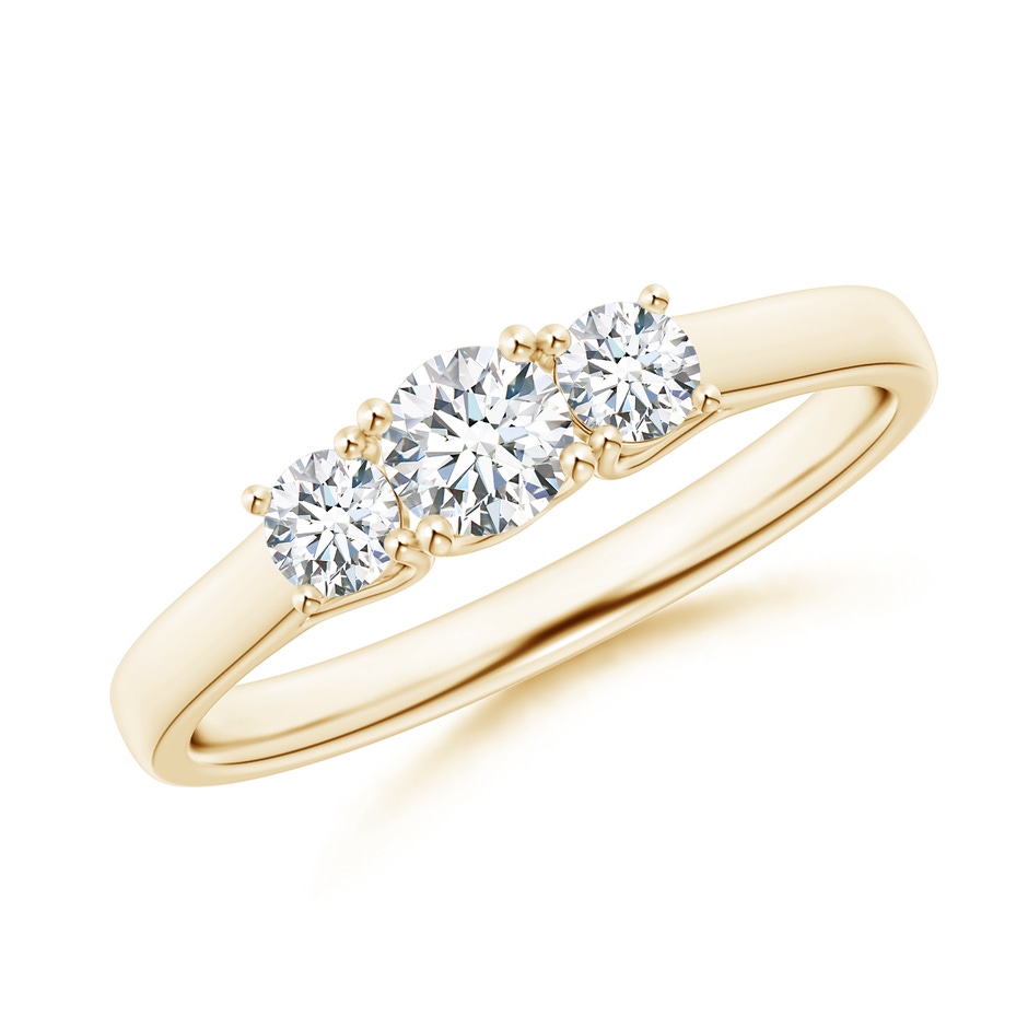 4mm GVS2 Three Stone Round Diamond Trellis Engagement Ring in Yellow Gold 
