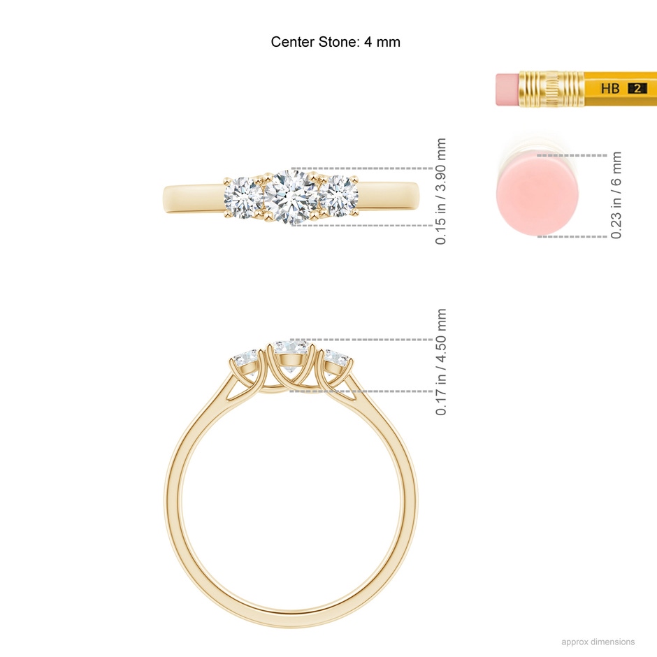 4mm GVS2 Three Stone Round Diamond Trellis Engagement Ring in Yellow Gold ruler