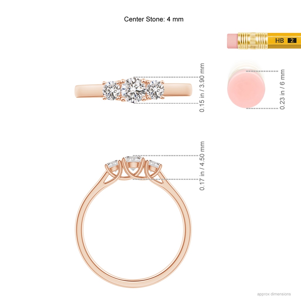 4mm IJI1I2 Three Stone Round Diamond Trellis Engagement Ring in Rose Gold Ruler