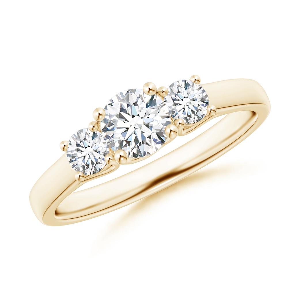 5.1mm GVS2 Three Stone Round Diamond Trellis Engagement Ring in Yellow Gold