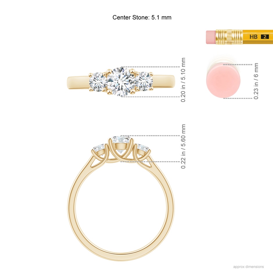 5.1mm GVS2 Three Stone Round Diamond Trellis Engagement Ring in Yellow Gold ruler