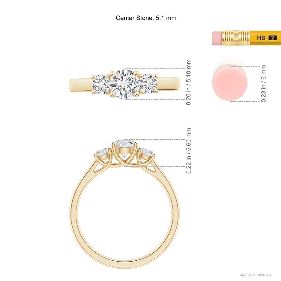 5.1mm HSI2 Three Stone Round Diamond Trellis Engagement Ring in Yellow Gold ruler