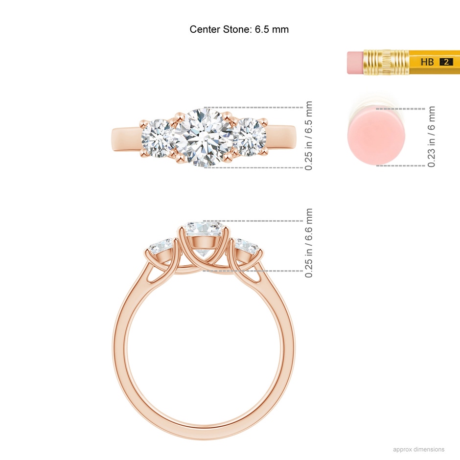 6.5mm GVS2 Three Stone Round Diamond Trellis Engagement Ring in Rose Gold ruler