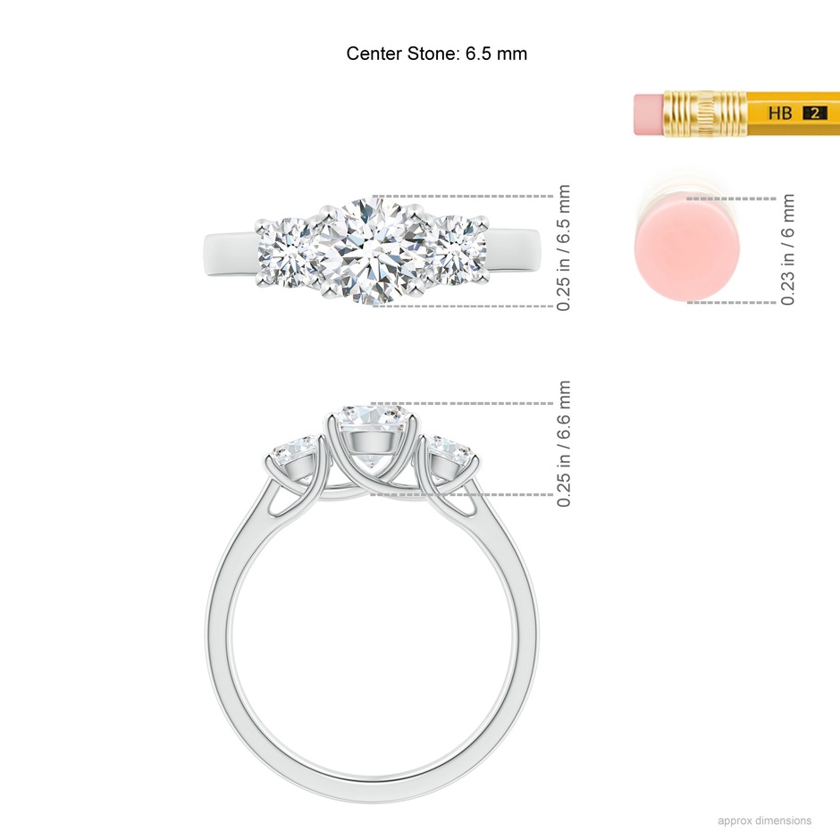 6.5mm GVS2 Three Stone Round Diamond Trellis Engagement Ring in White Gold ruler