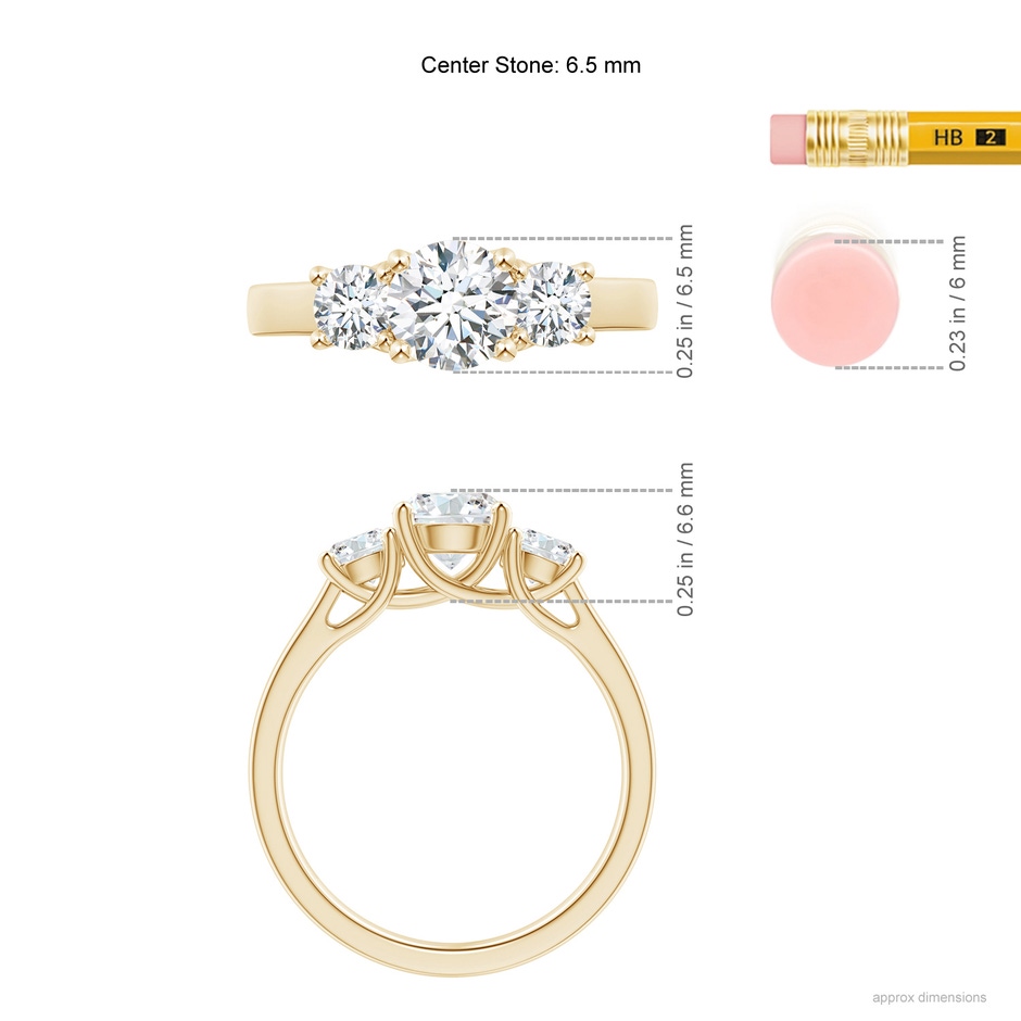 6.5mm GVS2 Three Stone Round Diamond Trellis Engagement Ring in Yellow Gold ruler