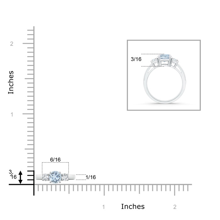 5mm A Round Aquamarine & Diamond Three Stone Engagement Ring in White Gold ruler