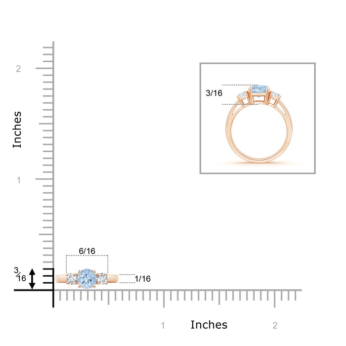 5mm AA Round Aquamarine & Diamond Three Stone Engagement Ring in Rose Gold ruler