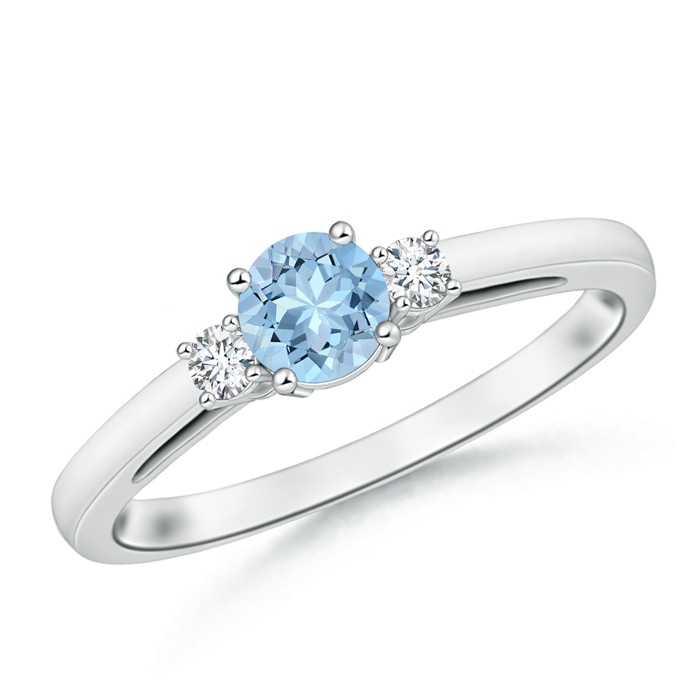 5mm AAA Round Aquamarine & Diamond Three Stone Engagement Ring in White Gold