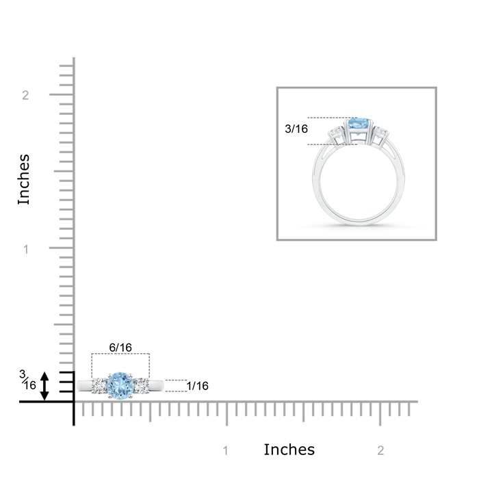 5mm AAA Round Aquamarine & Diamond Three Stone Engagement Ring in White Gold ruler